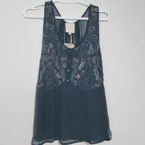 Anthropologie Sailana Tank Top Tunic Blue Teal Silk XS Beaded Lined New